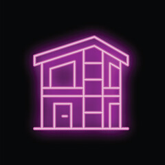 Poster - Neon sign representing a modern house facade with glowing purple light over black background