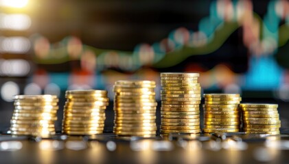 Poster - Stacks of Gold Coins with Financial Graph in Background