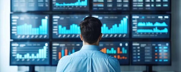 Poster - Person Analyzing Financial Data on Multiple Screens in Office Environment