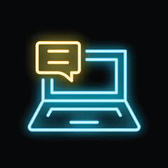 Poster - Glowing neon laptop showing speech bubble for online communication on dark background