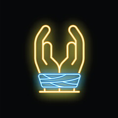 Poster - Glowing neon line icon of tied hands, a symbol of captivity or restraint, isolated on a black background