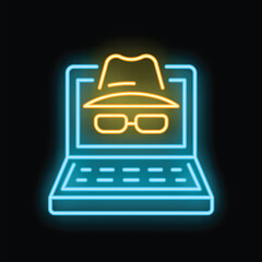 Poster - Glowing neon icon of a hacker wearing a hat and sunglasses, displayed on a laptop screen, representing online security threats