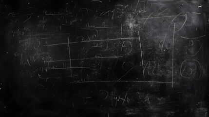 Poster - Vintage blackboard filled with various chalk marks scribbles and doodles in an empty weathered classroom setting  The textured worn surface and dark moody atmosphere create a grungy retro aesthetic