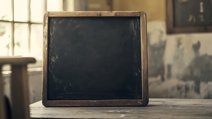 Aufkleber - Vintage blank blackboard or chalkboard in an old rustic classroom interior with wooden desk furniture and a window background  Retro minimalist style with copy space for text or message