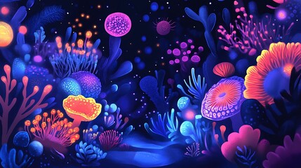 Poster - Fluorescent underwater flora; vibrant digital art; surreal ecosystem; background; for website design