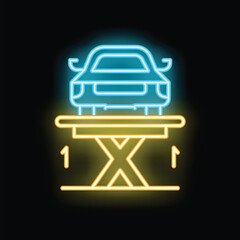 Poster - Neon sign representing a car service with a car lifted on a platform, ideal for websites or businesses related to automotive repair
