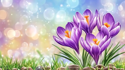 Aufkleber - Spring Crocuses in Soft Light Background. Illustration. Possible use Greeting card, website banner