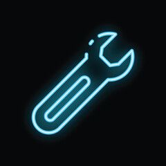 Poster - Blue neon wrench glowing on a black background
