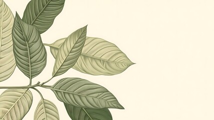 Poster - Detailed illustration of leaves on branch against light beige background.  Possible use Digital art print or graphic design element