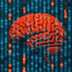 Poster - Futuristic Brain Image Surrounded by Digital Data Streams and Code