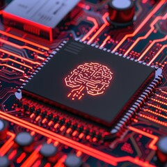 Poster - Futuristic Circuit Board with Glowing Brain Symbol on Chip