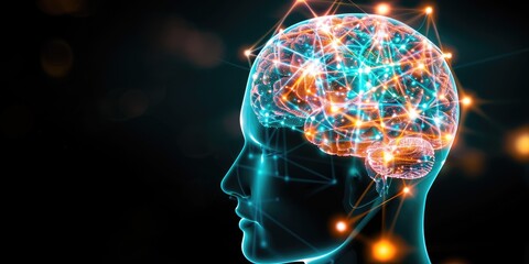 Poster - Glowing Brain with Connections in a Futuristic Digital Space