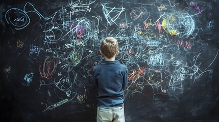 Poster - Young Boy Exploring Creativity and Learning on Chalkboard with Colorful Drawings  The image shows a young student standing in front of a chalkboard covered in vibrant