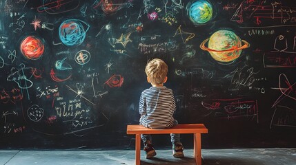 Poster - Young student sitting at desk in classroom exploring the solar system and universe through planetary drawings and sketches on chalkboard  Concept of education astronomy science