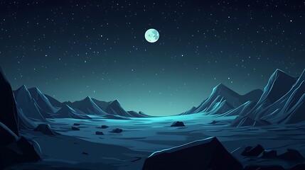 Poster - Futuristic moon landscape at night, starry sky, mountains, rocks. Possible use Space, sci-fi, wallpaper