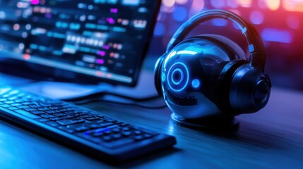 Poster - Futuristic workspace featuring a glowing robotic headset beside a keyboard and computer screen