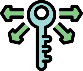 Poster - Key surrounded by arrows pointing in different directions, symbolizing opportunity, choice, solution, strategy, or decision making