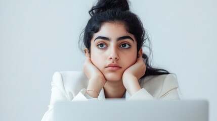 Wall Mural - A head-on photograph of a Spanish woman in an office suit. Work on the computer. Large aperture lens, symmetrical composition, white background, white and silver color scheme