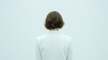 Wall Mural - A head-on photograph of a Spanish woman in an office suit. Work on the computer. Large aperture lens, symmetrical composition, white background, white and silver color scheme