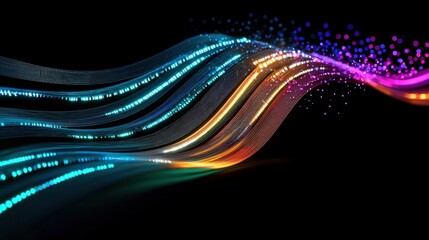 Poster - Abstract representation of glowing data streams leading to compliance icons