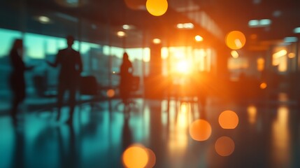 Aufkleber - Blurred silhouettes of business people in modern office at sunset