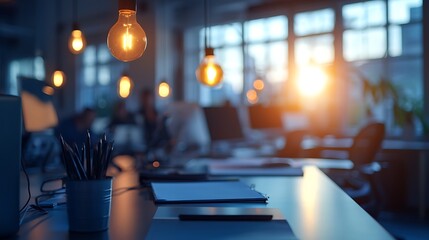 Poster - Modern office space at sunset. Blurred people working. Possible use Stock photo for business, design