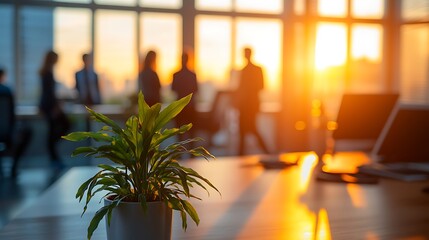 Aufkleber - Office interior at sunset; people talking; sunlight through window; business setting; use for corporate brochure or magazine
