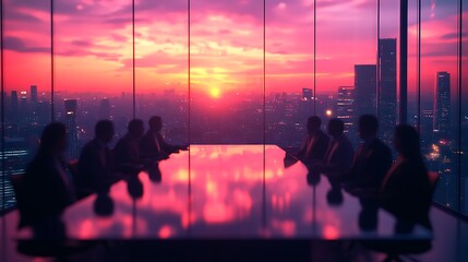 Aufkleber - Business meeting at sunset city view, overlooking the city skyline. Potential use for business leadership, marketing, inspiration