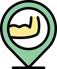 Poster - location pin icon featuring flexing biceps, representing gym, fitness center, or personal training s
