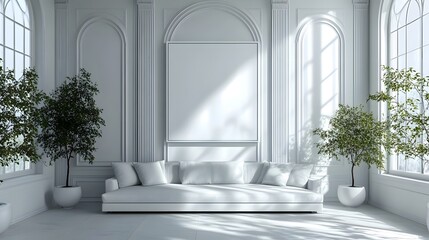 Poster - 3d render of minimalist white room Mockup frame centered on the wall with contemporary furniture surrounding the space Clean geometry and natural light fill the scene