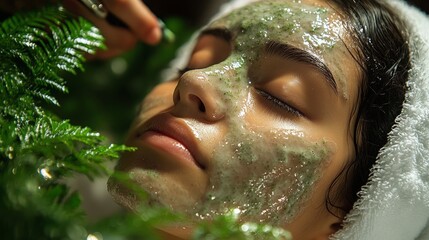 Wall Mural - A woman enjoying a relaxing facial at a spa lies with her eyes closed while a beautician applies a soft green mask with a brush