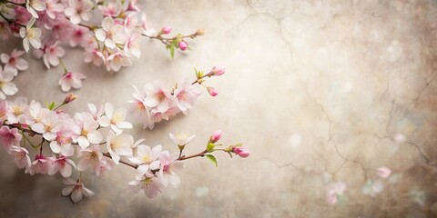 Wall Mural - Delicate Pink Blossoms on a Distressed Beige Background, a Symbol of New Beginnings and Springtime Renewal