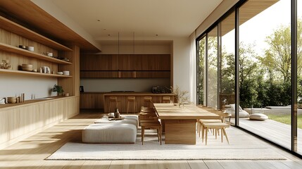 Poster - 3d render of modern dining room with a home mock up on the wall Warm wood accents and cozy textures mix with clean lines creating a serene and stylish interior design
