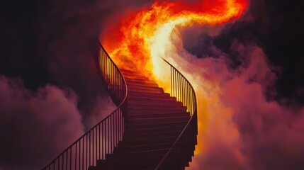 Poster - Ethereal growth journey surreal sky glowing spiral staircase wideangle view vibrant elegance