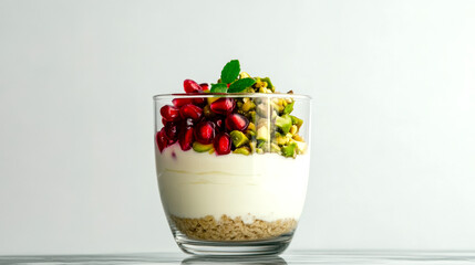 Wall Mural - A delicious parfait layered with yogurt, pomegranate seeds, pistachios, and crumbled biscuits, garnished with fresh mint leaves.