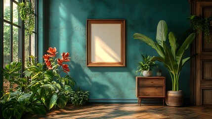 Poster - 3d render of dark green home interior Mockup frame top of a vintage wooden commode Midcentury modern touches accentuate the space Intricate details emphasize textures