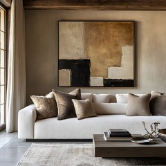 Poster - Beautifully arranged living room featuring a modern sofa and abstract wall art viewed from a diagonal angle to emphasize the warm neutral tones and cozy furnishings that create an inviting vibe