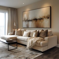 Poster - Beautifully arranged living room featuring a modern sofa and abstract wall art viewed from a diagonal angle to emphasize the warm neutral tones and cozy furnishings that create an inviting vibe