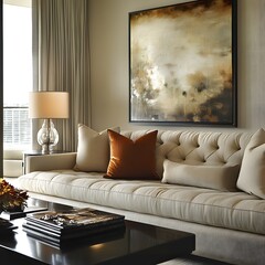 Poster - Beautifully arranged living room featuring a modern sofa and abstract wall art viewed from a diagonal angle to emphasize the warm neutral tones and cozy furnishings that create an inviting vibe