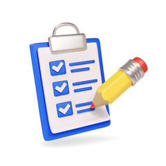 Fototapete - 3d Clipboard with pencil. Task management to do list. Check list exam icon. Questionnaire form Vector illustration.