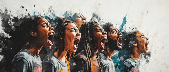 Young activists passionately shouting for change in a dynamic watercolor protest portrait