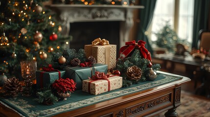 Poster - Closeup of a wooden console adorned with gifts and personal accessories framed by a Christmas tree and green tablecloth viewed from an overhead angle to emphasize the festive decor