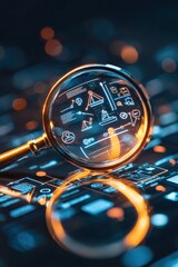 Poster - Magnifying glass glowing over policy text and icons of compliance