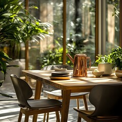Poster - Closeup view of a craft oak wooden table with sleek chairs featuring a copper watering can on the side set against a modern floor in a lush sunlit orangery filled with greenery