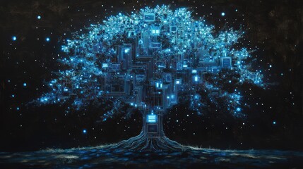 Glowing digital tree, network growth, dark background, tech concept, website banner