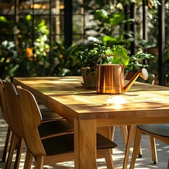 Poster - Closeup view of a craft oak wooden table with sleek chairs featuring a copper watering can on the side set against a modern floor in a lush sunlit orangery filled with greenery