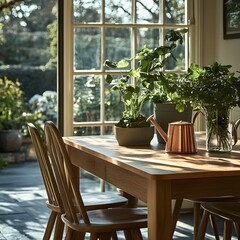 Poster - Closeup view of a craft oak wooden table with sleek chairs featuring a copper watering can on the side set against a modern floor in a lush sunlit orangery filled with greenery