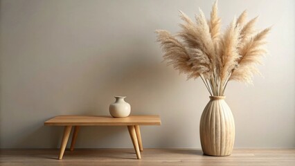 Poster - Minimalist interior design featuring a wooden table, a vase filled with dried pampas grass, and a ceramic vase