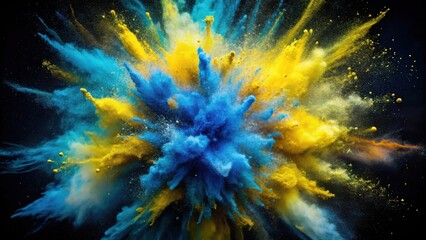 Poster - A vibrant explosion of blue and yellow powder against a black background, capturing the dynamic energy of color in motion.