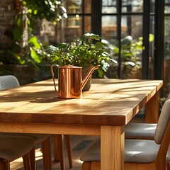 Poster - Closeup view of a craft oak wooden table with sleek chairs featuring a copper watering can on the side set against a modern floor in a lush sunlit orangery filled with greenery